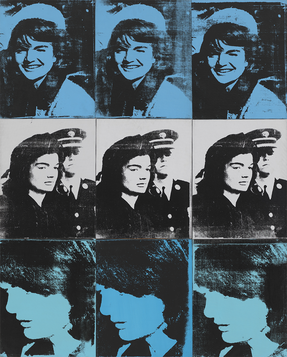 Andy Warhol (1928–1987), Nine Jackies, 1964. Acrylic and silkscreen ink on linen, nine panels: 60 3⁄8 × 48 1⁄4 in. (153.4 × 122.6 cm) overall. Whitney Museum of American Art, New York; gift of The American Contemporary Art Foundation, Inc. Leonard A. Lauder, President 2002.273 © The Andy Warhol Foundation for the Visual Arts, Inc. / Artists Rights Society (ARS) New York