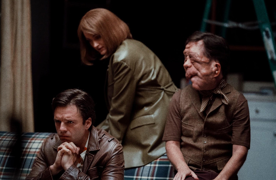 Sebastian Stan, Renate Reinsve, and Adam Pearson in A Different Man (courtesy of Kismet)